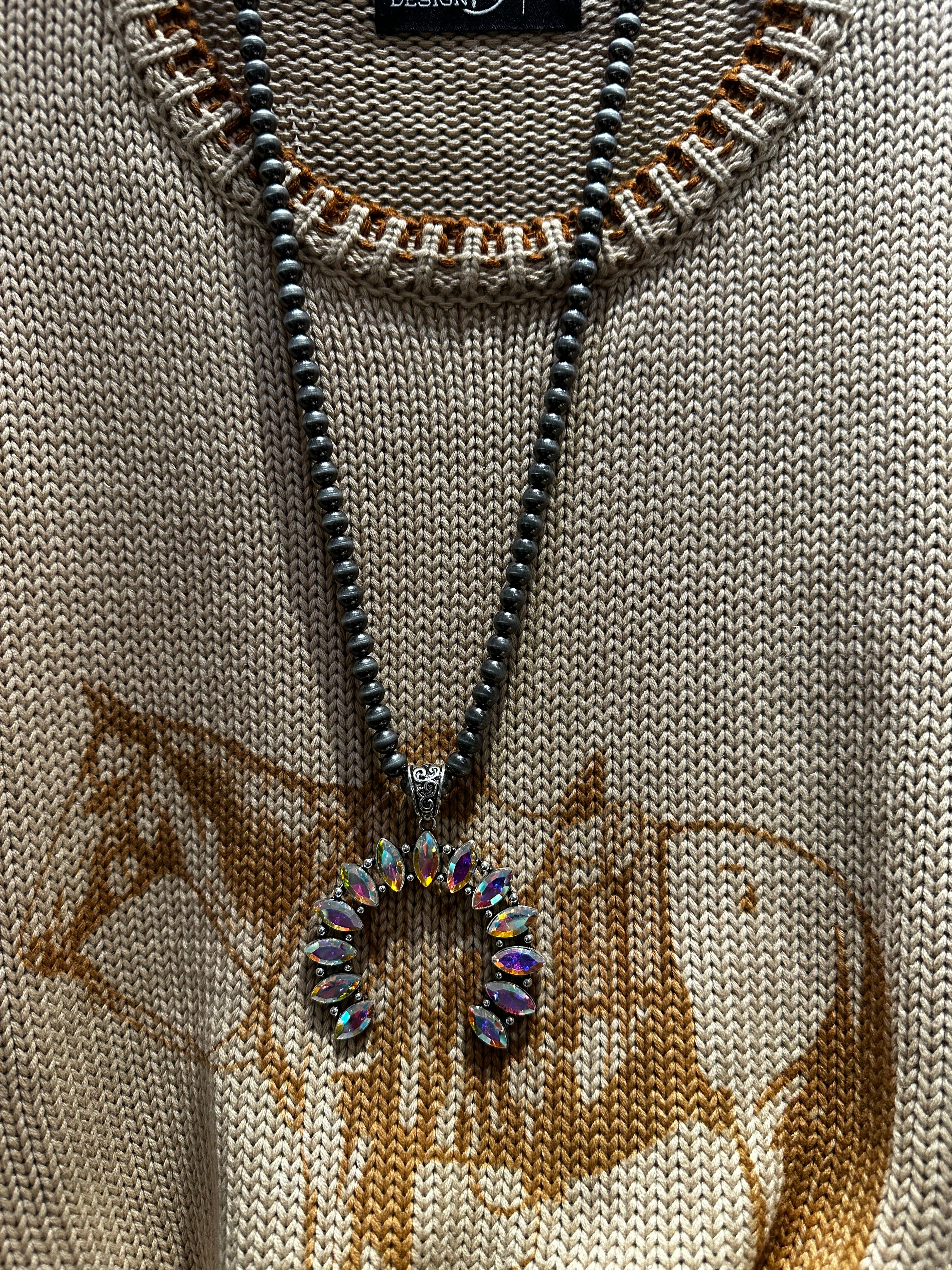 22"Silver Navajo Squash Blossom Stone Necklace