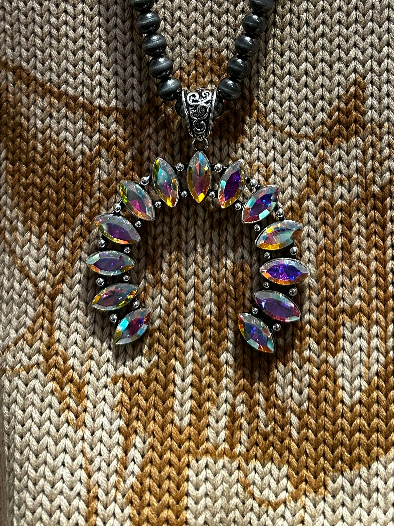 22"Silver Navajo Squash Blossom Stone Necklace