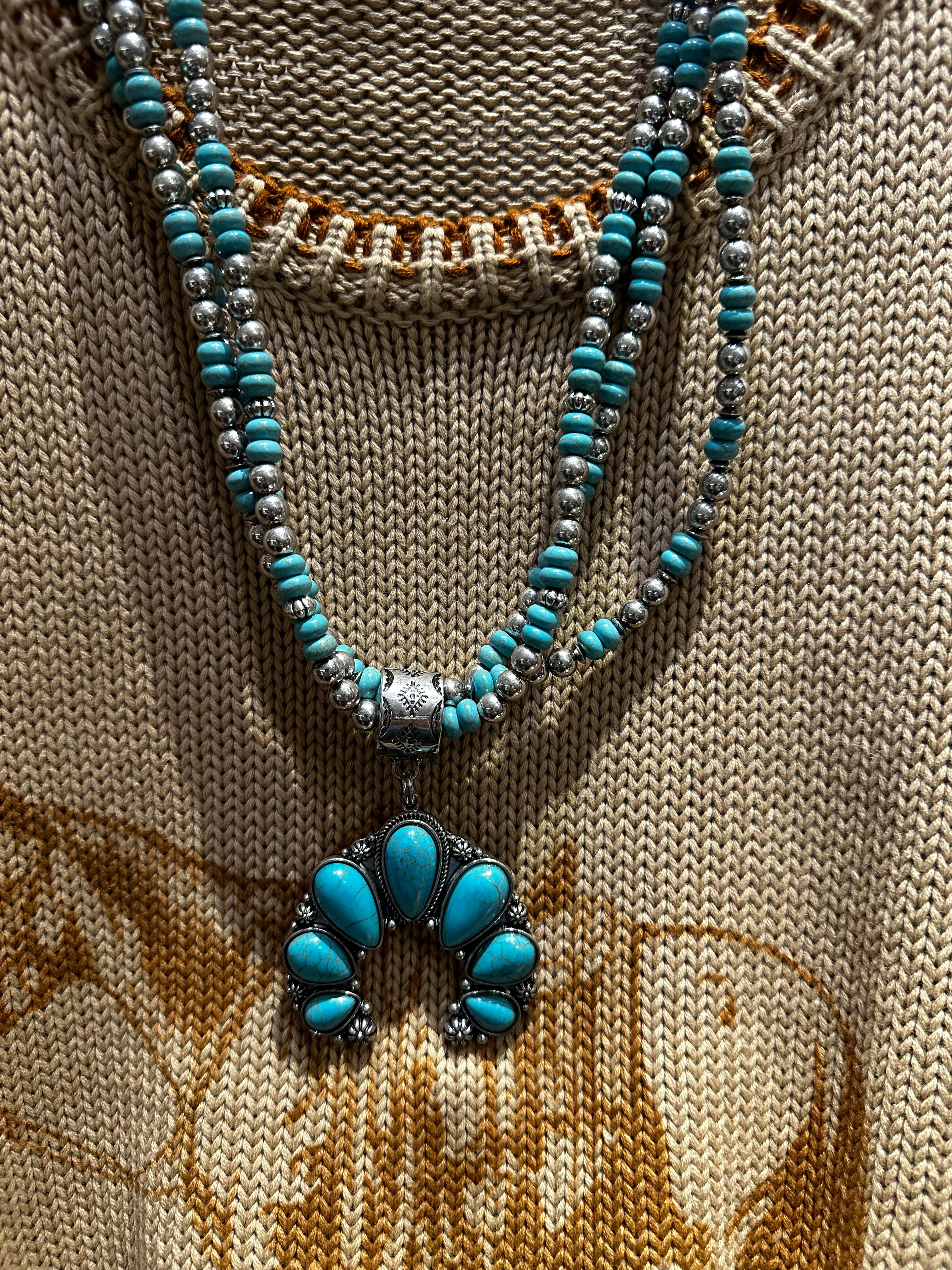22"Silver/Turquoise Layered Squash Blossom Necklace