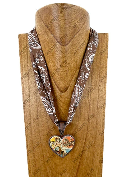 21'' Silk feeling scarf with western heart pendent Necklace
