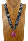 Scarf Necklace with Hot Pink turquoise stone tear drop pendent Necklace