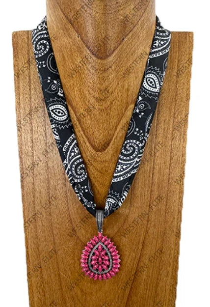 Scarf Necklace with Hot Pink turquoise stone tear drop pendent Necklace