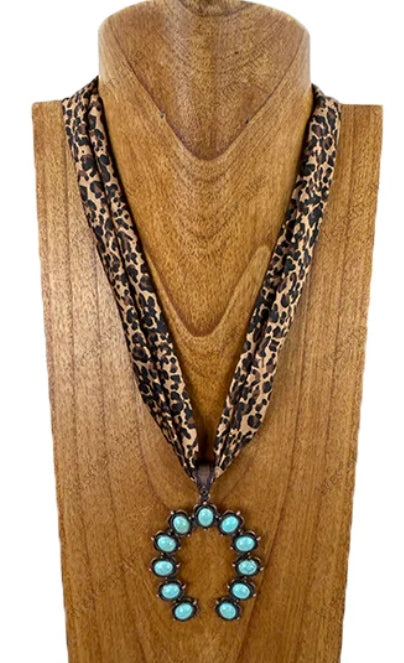 Scarf Necklace w/ turquoise Stone Horseshoe Pendent