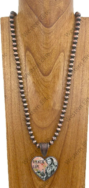 Copper Navajo pearl beads with western heart pendent Necklace