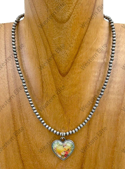 Silver Navajo pearl beads with heart pendent Necklace