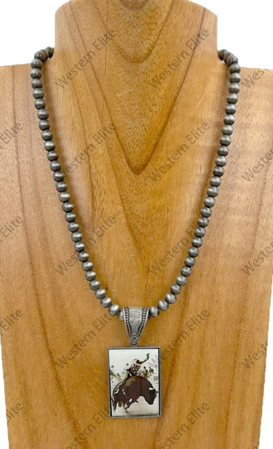 Silver Navajo pearl beads with triangle cowboy pendent Necklace