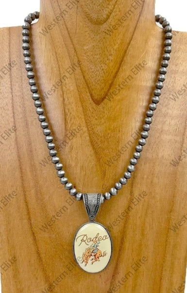 Silver Navajo pearl beads with oval cowboy pendent Necklace