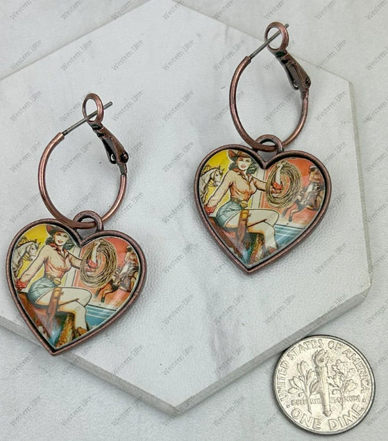Copper metal with western cowgirl heart Earrings