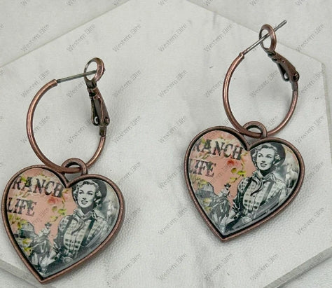 Copper metal with western cowgirl heart Earrings