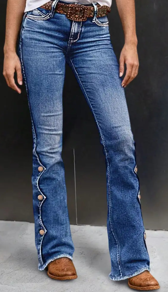 Button Side Mid Waist Bootcut Jeans