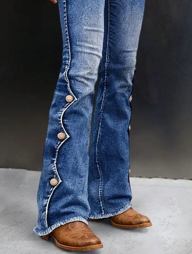 Button Side Mid Waist Bootcut Jeans