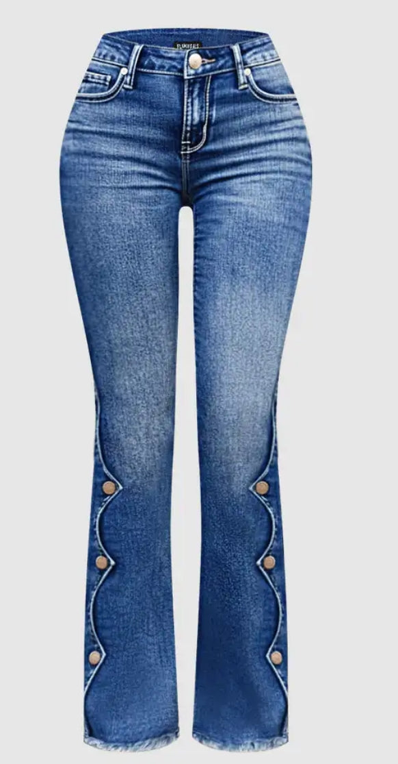 Button Side Mid Waist Bootcut Jeans
