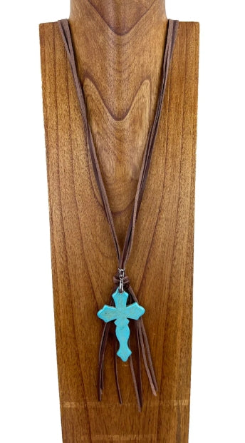 Cord leather necklace with blue turquoise stone cross pendent
