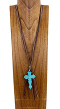 Cord leather necklace with blue turquoise stone cross pendent