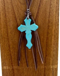 Cord leather necklace with blue turquoise stone cross pendent
