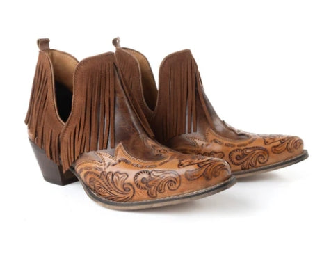 Myra Wild Ember Fringed Hand Tooled Leather Booties