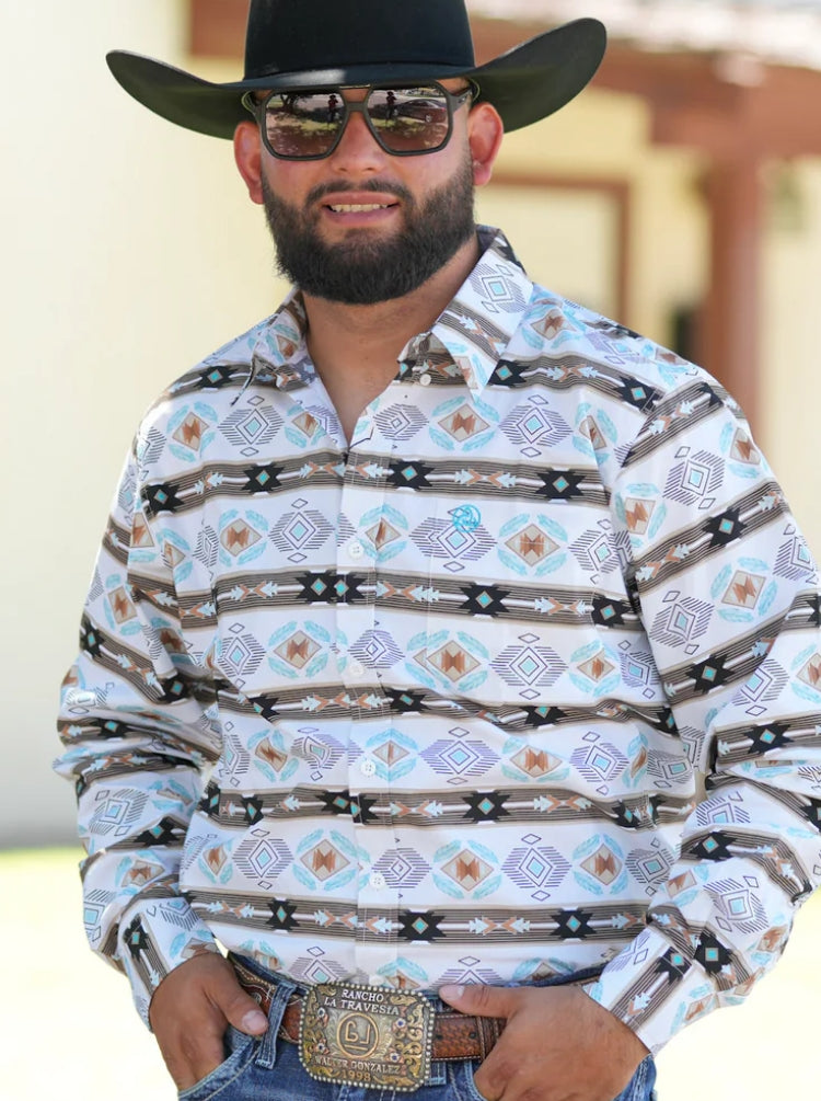 Brown & Blue Aztec Stripe Button Up
