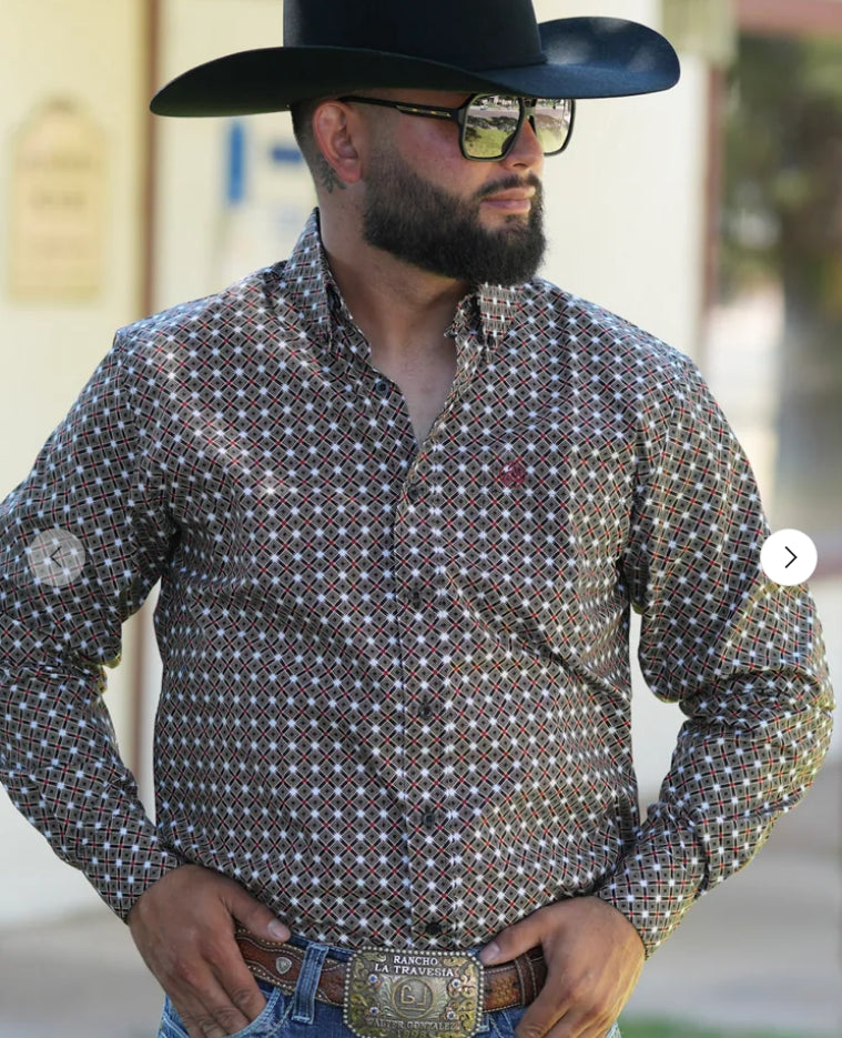 Black & Brown Geometric Button Up