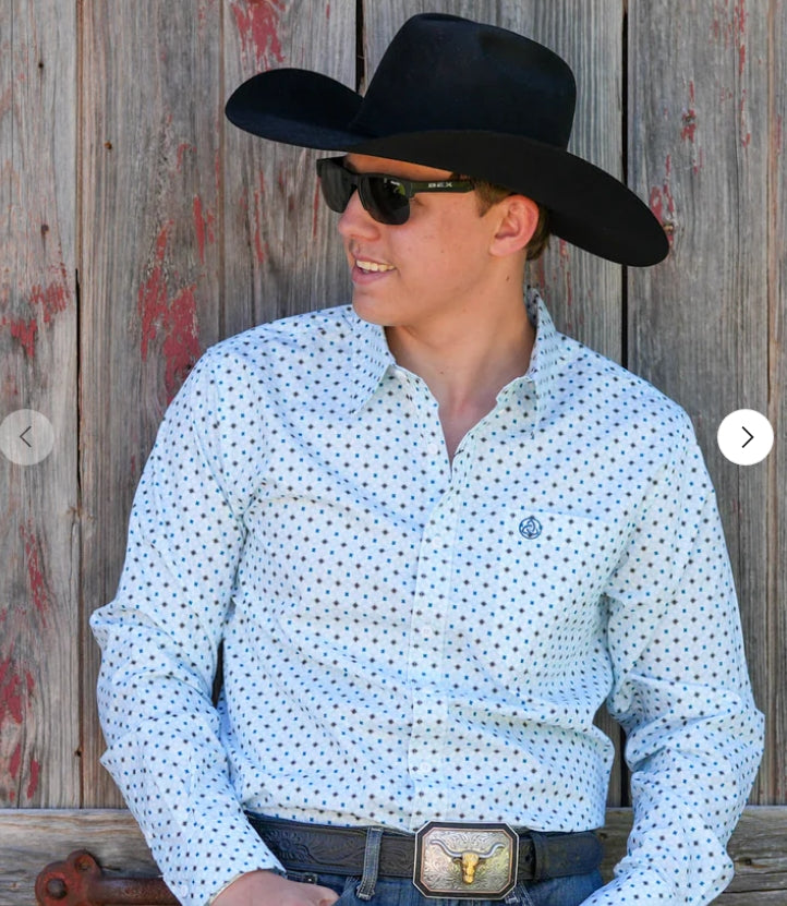 Light Blue Geometric Star Button Up