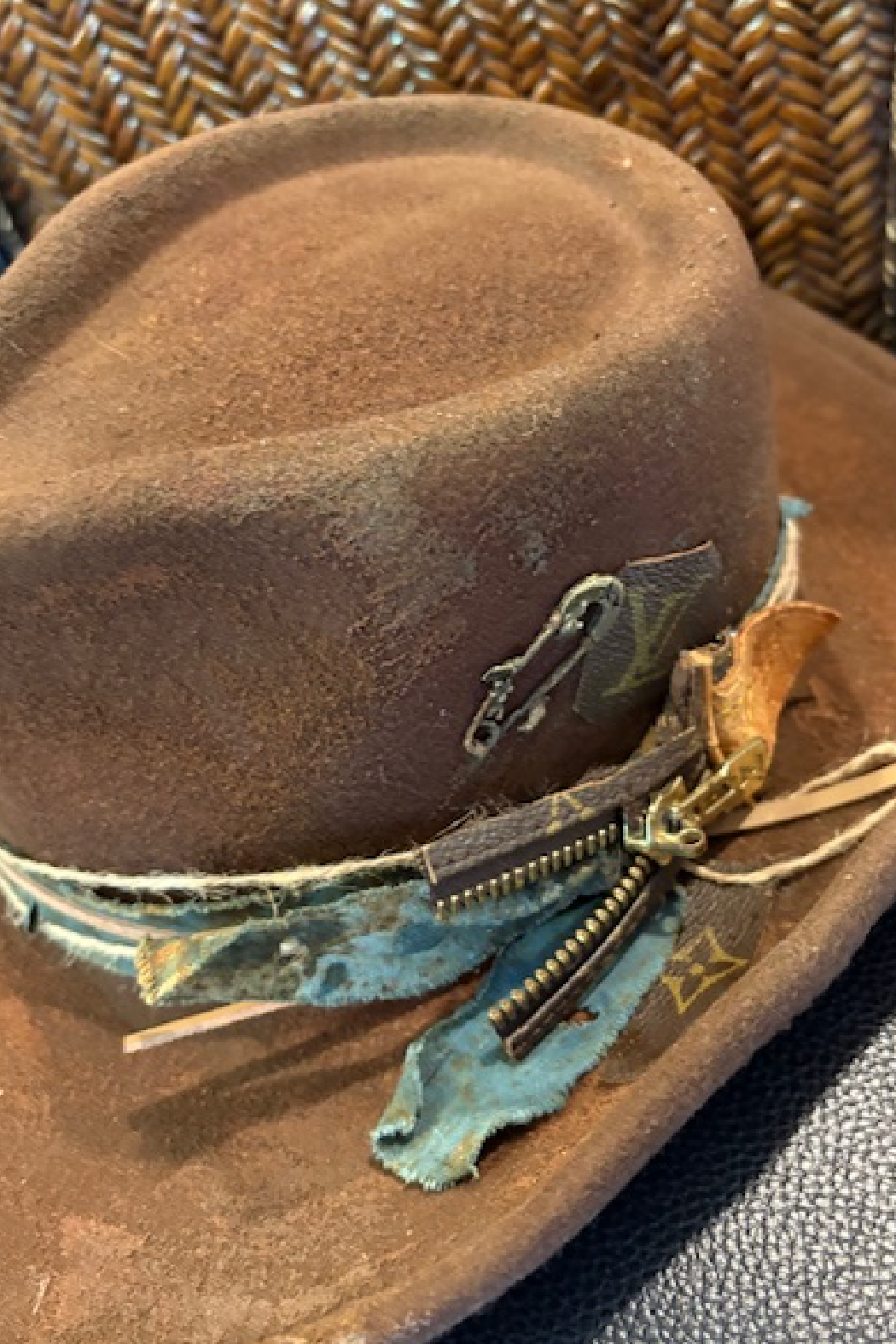 Upcycled LV Brown Distressed Fedora Hat