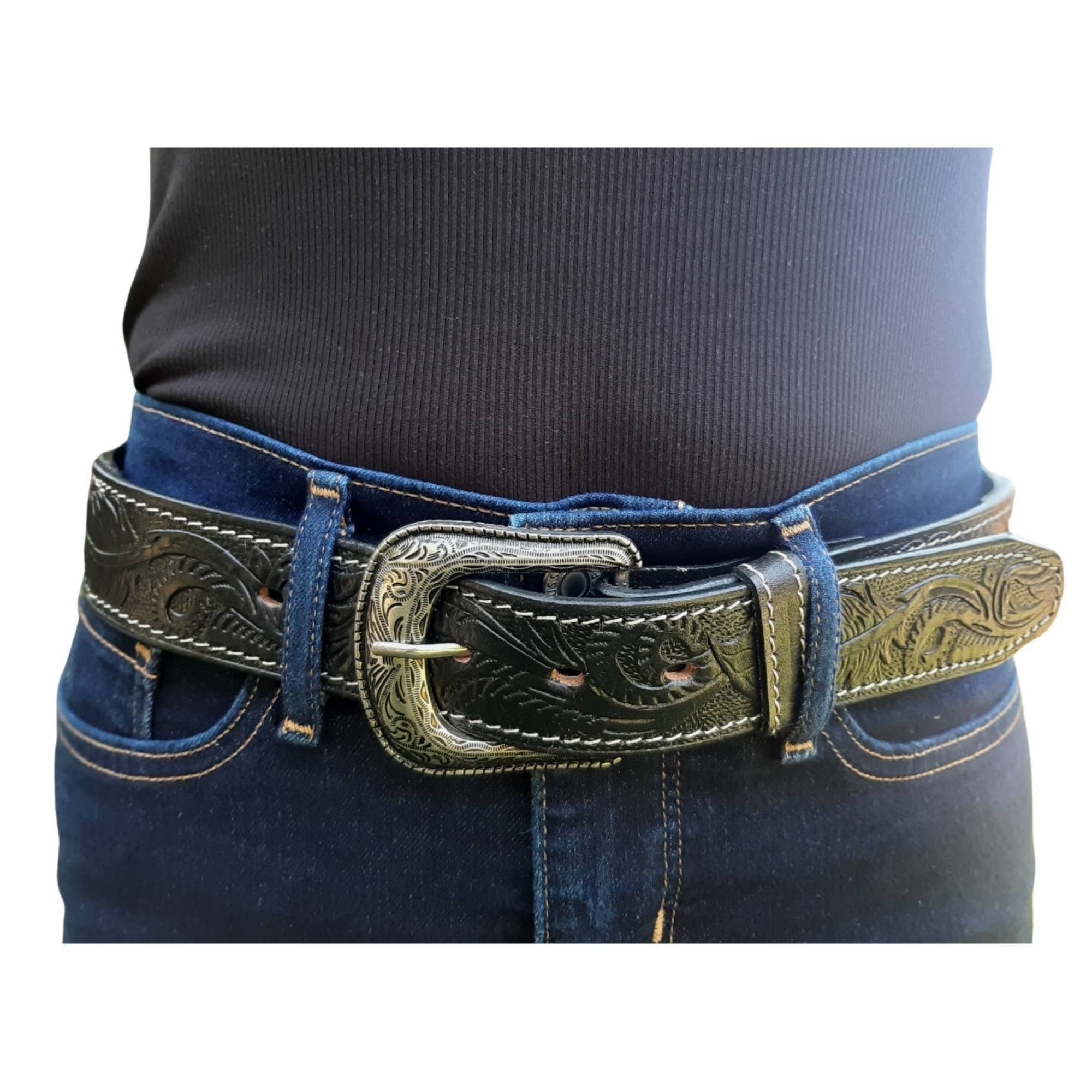 Western Leather Carved Belt - Aztec - Black Leather