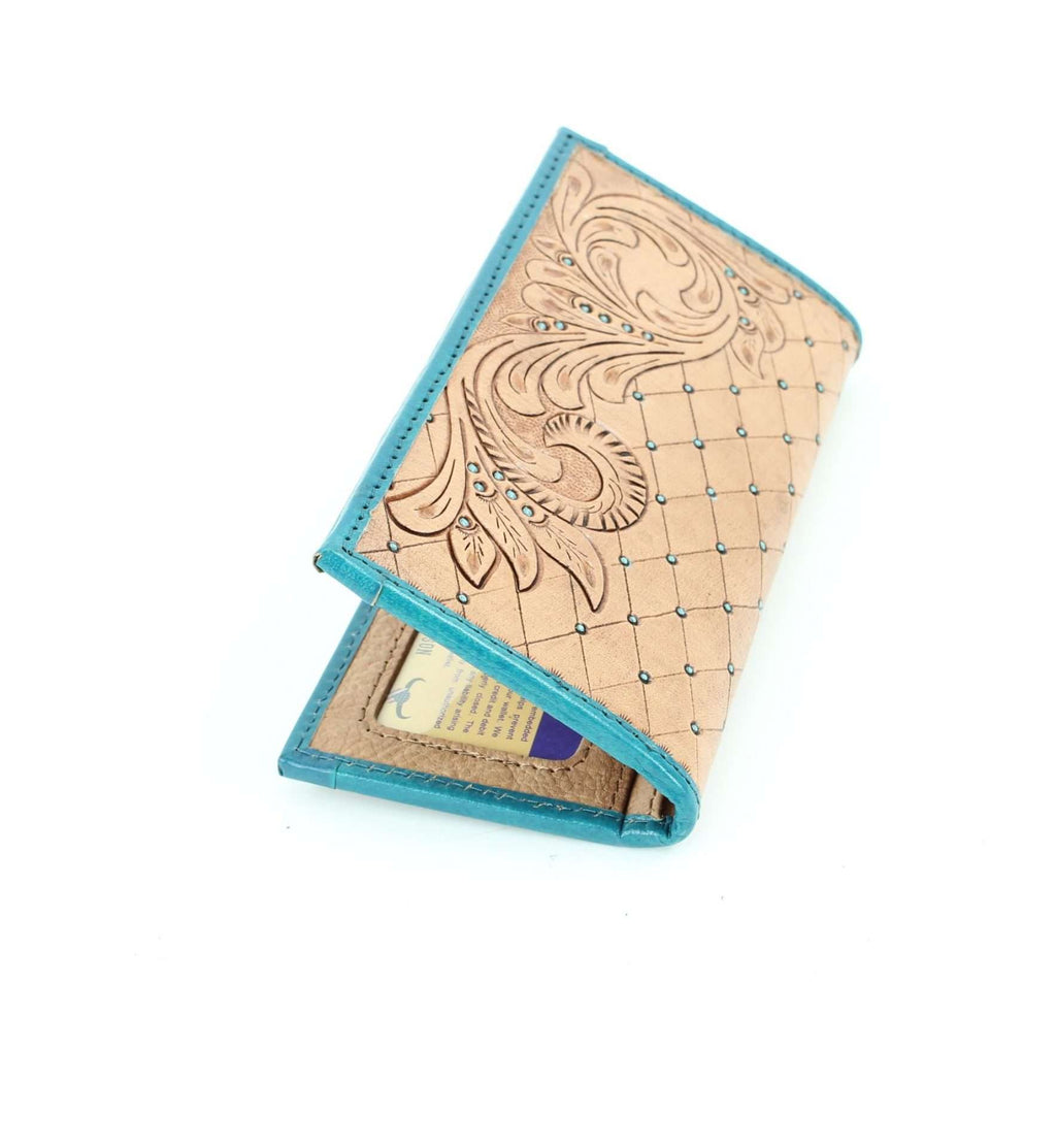 Tan tooled leather wallet with turquoise stone