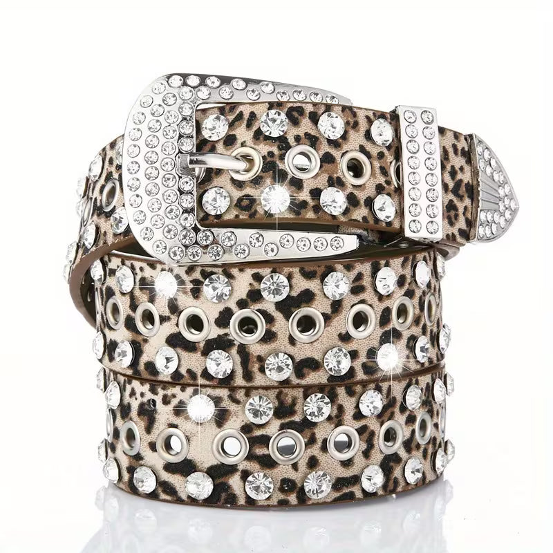 Leopard PU Rhinestone Belt