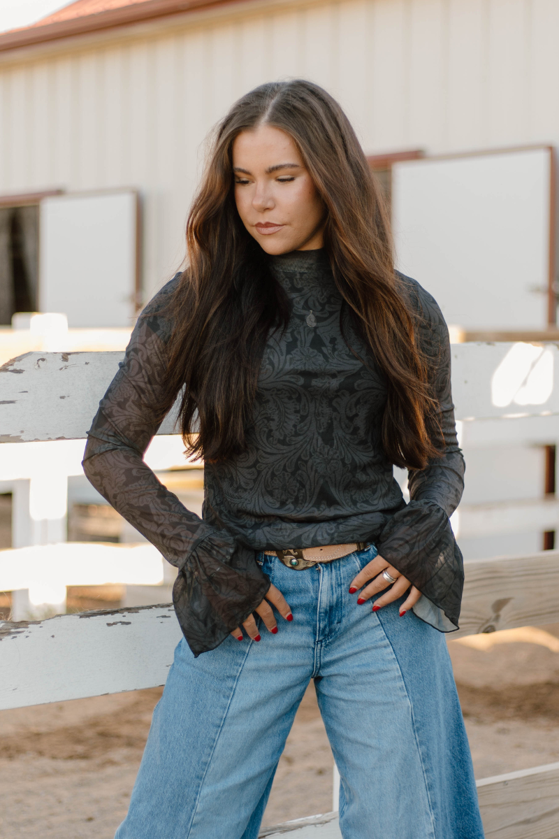 Tooled In Black Mesh Top