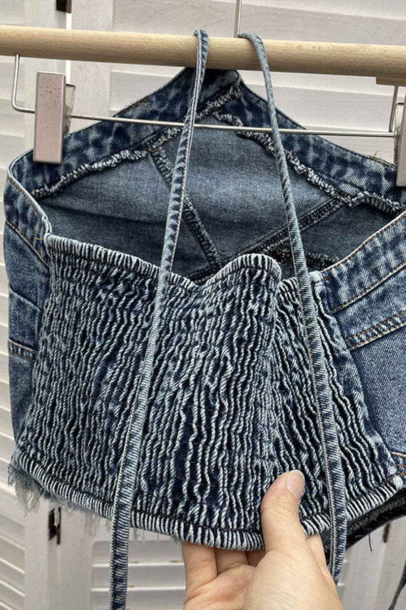 Frayed Hem Denim Halter Top
