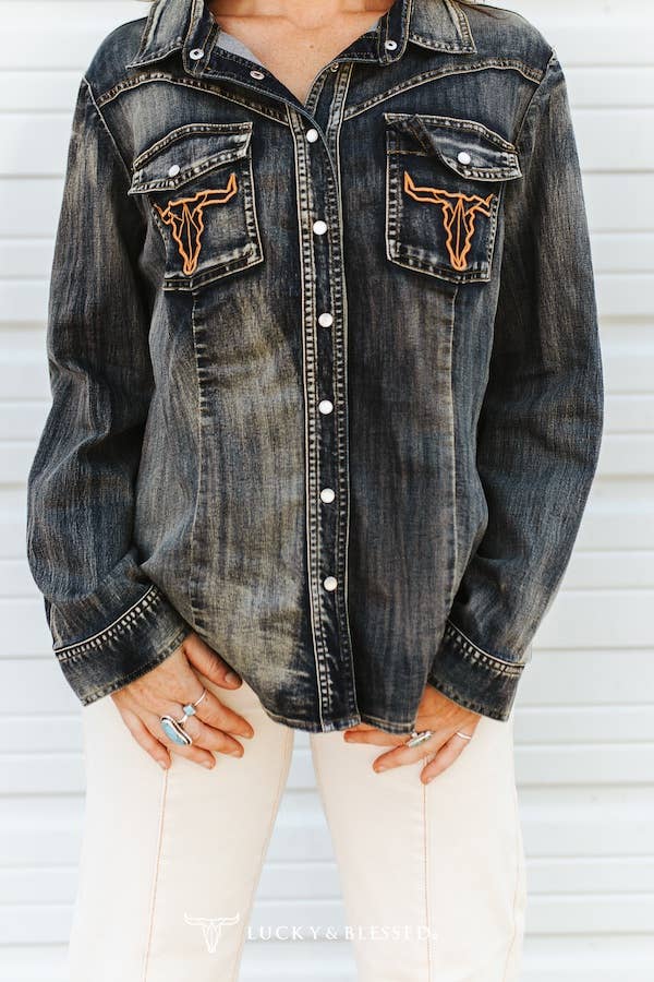 Vintage Denim Wash Cowskull Embroidered Pocket Shirt