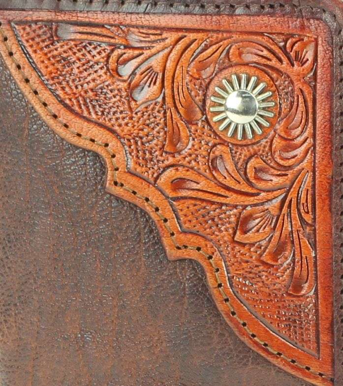 Large leather bi fold with tooled leather