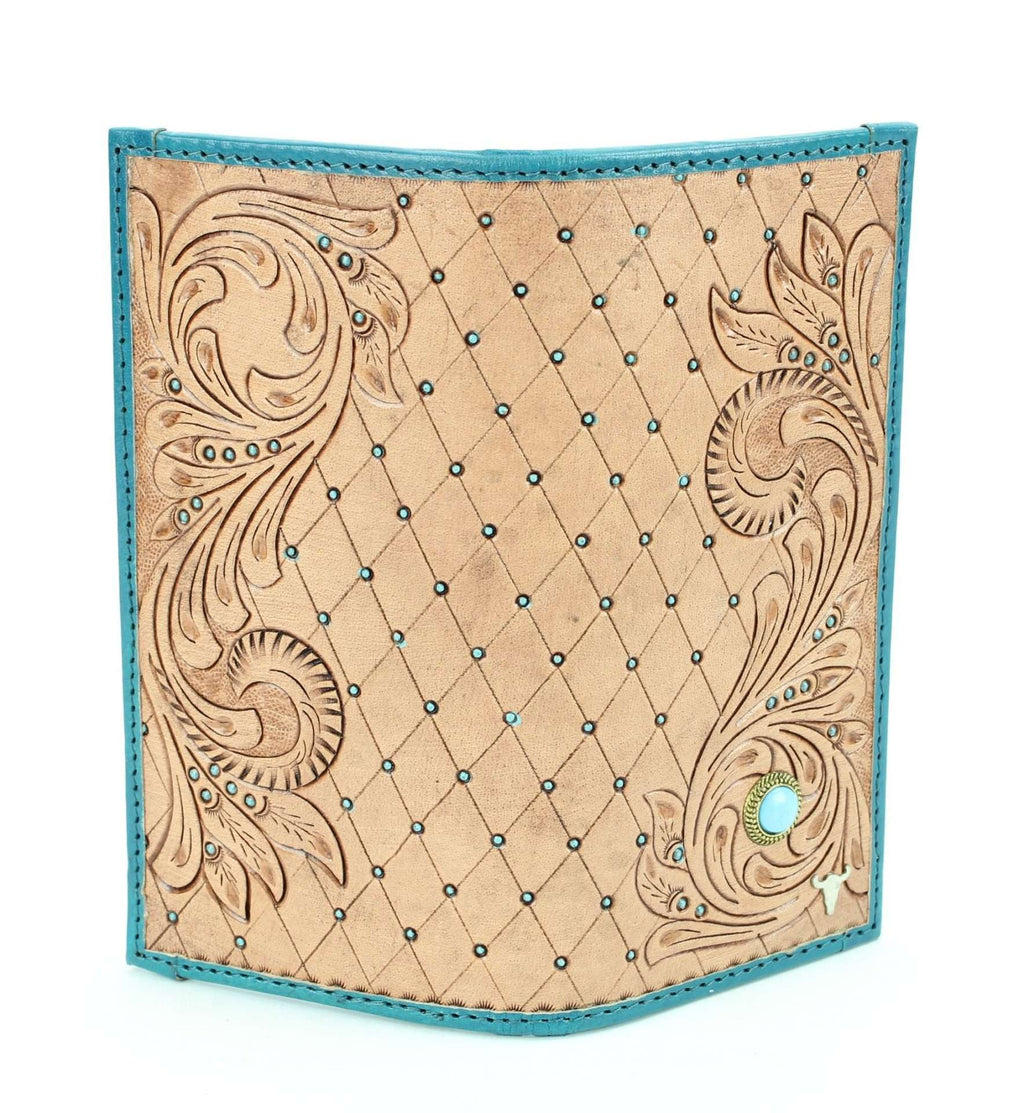 Tan tooled leather wallet with turquoise stone