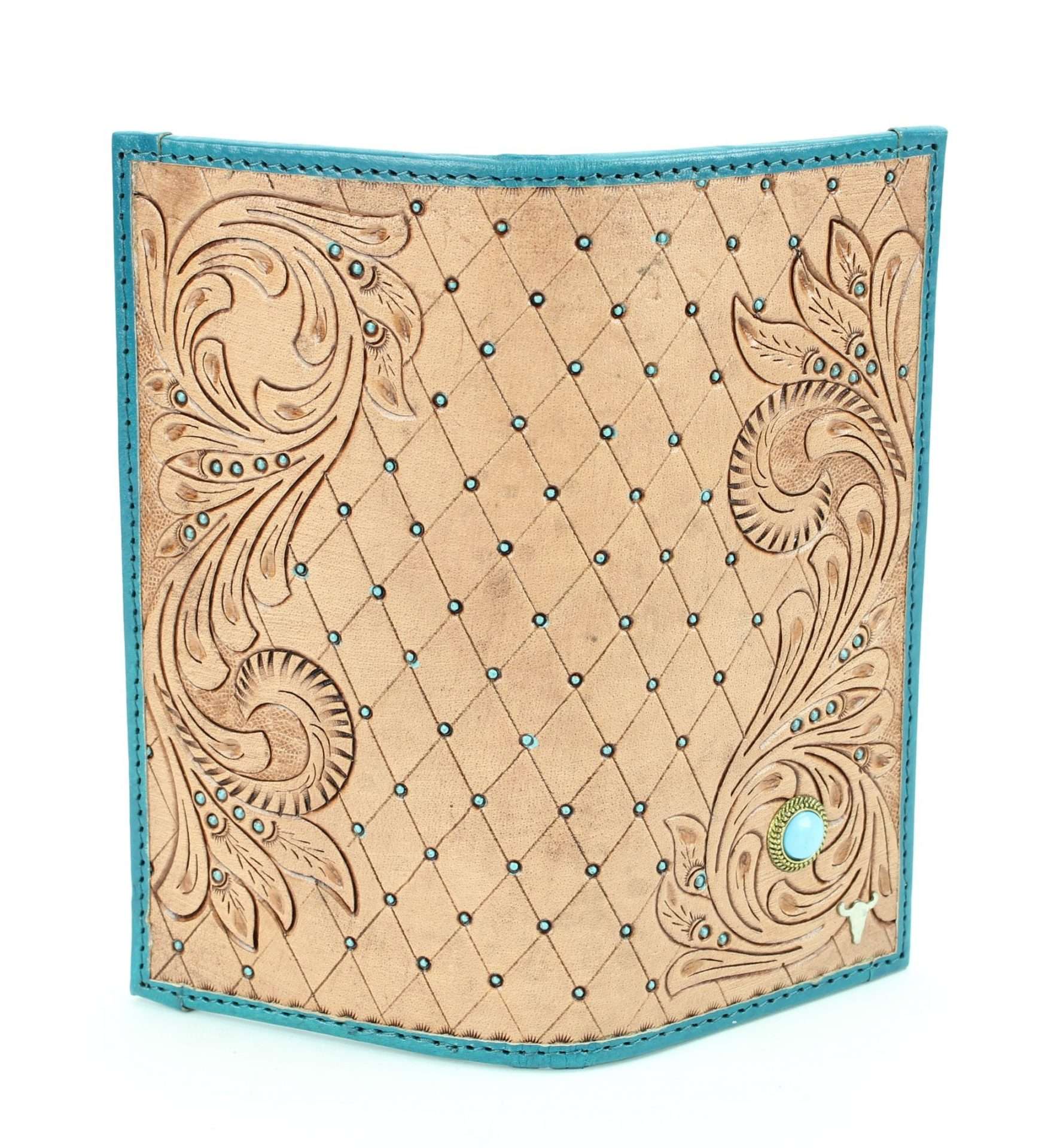 Tan tooled leather wallet with turquoise stone