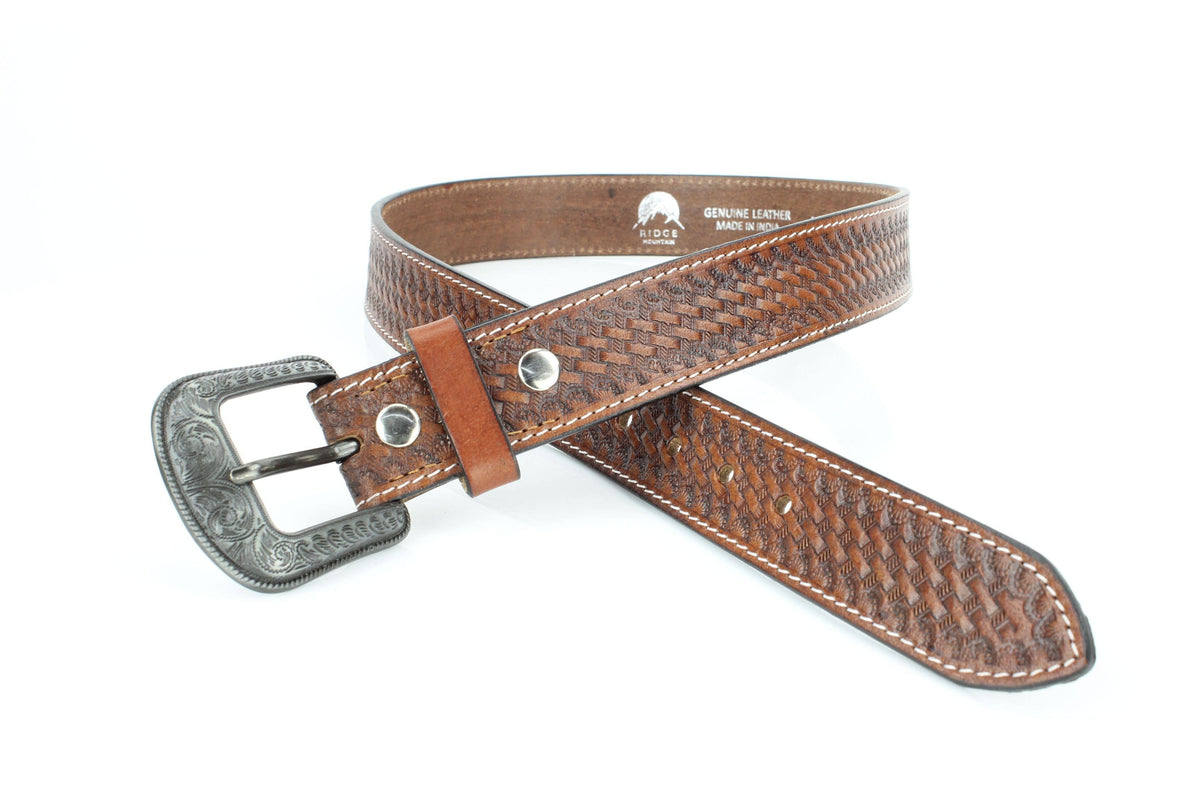 Basketweave Leather Belt with Floral Buckle
