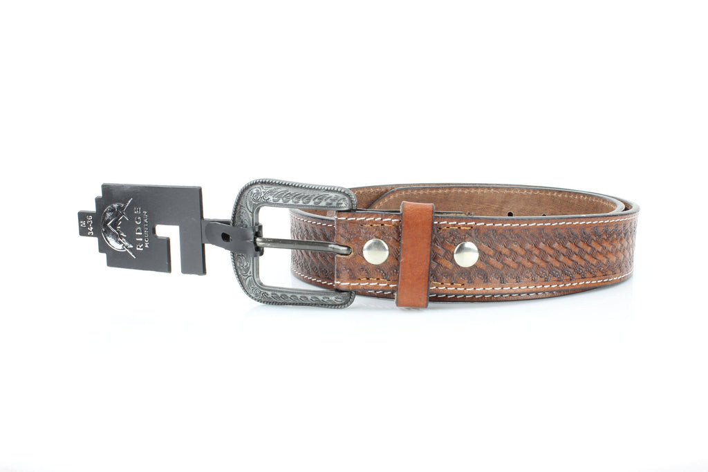 Basketweave Leather Belt with Floral Buckle