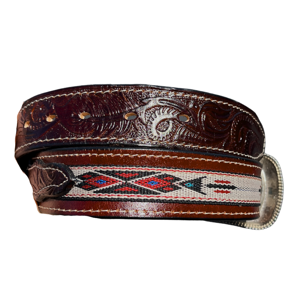 Western Leather Carved Belt - Aztec - Brown Leather