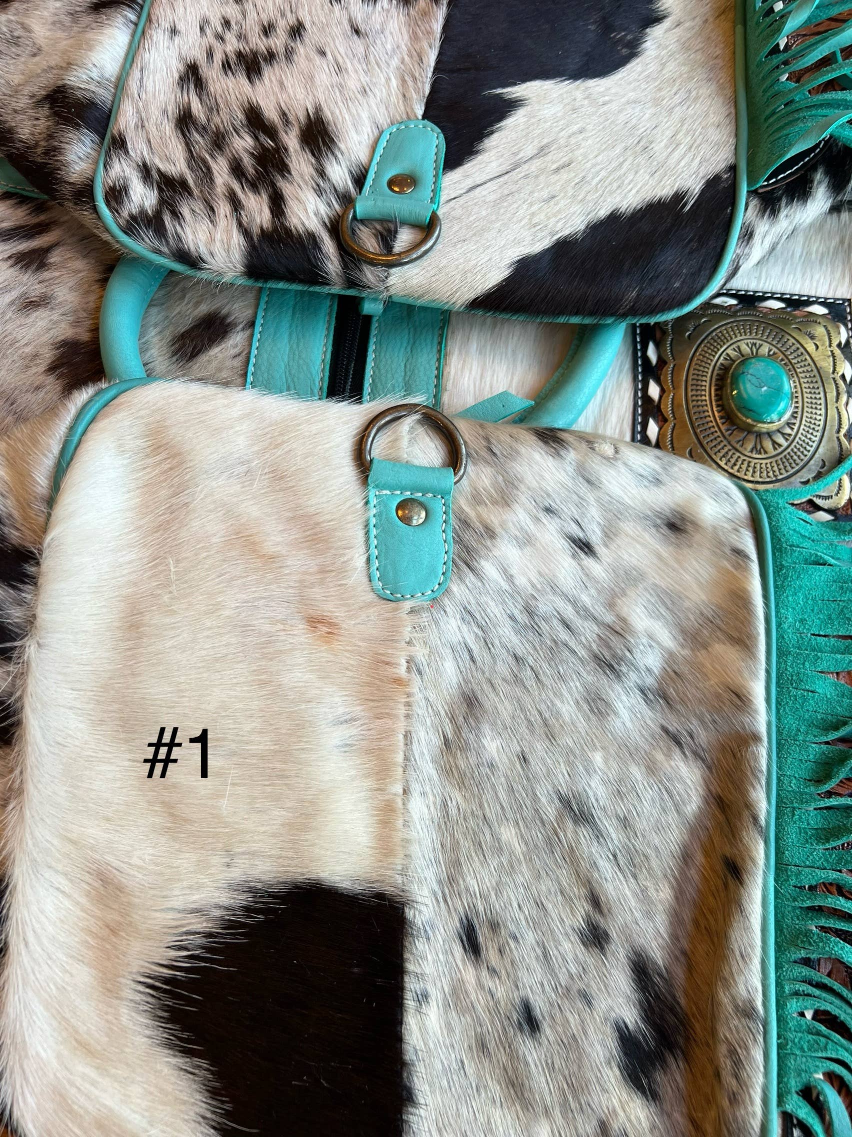 Turquoise Fringe Western Cowhide Duffle Bag