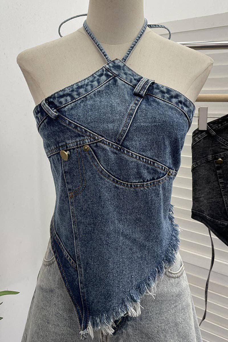 Frayed Hem Denim Halter Top