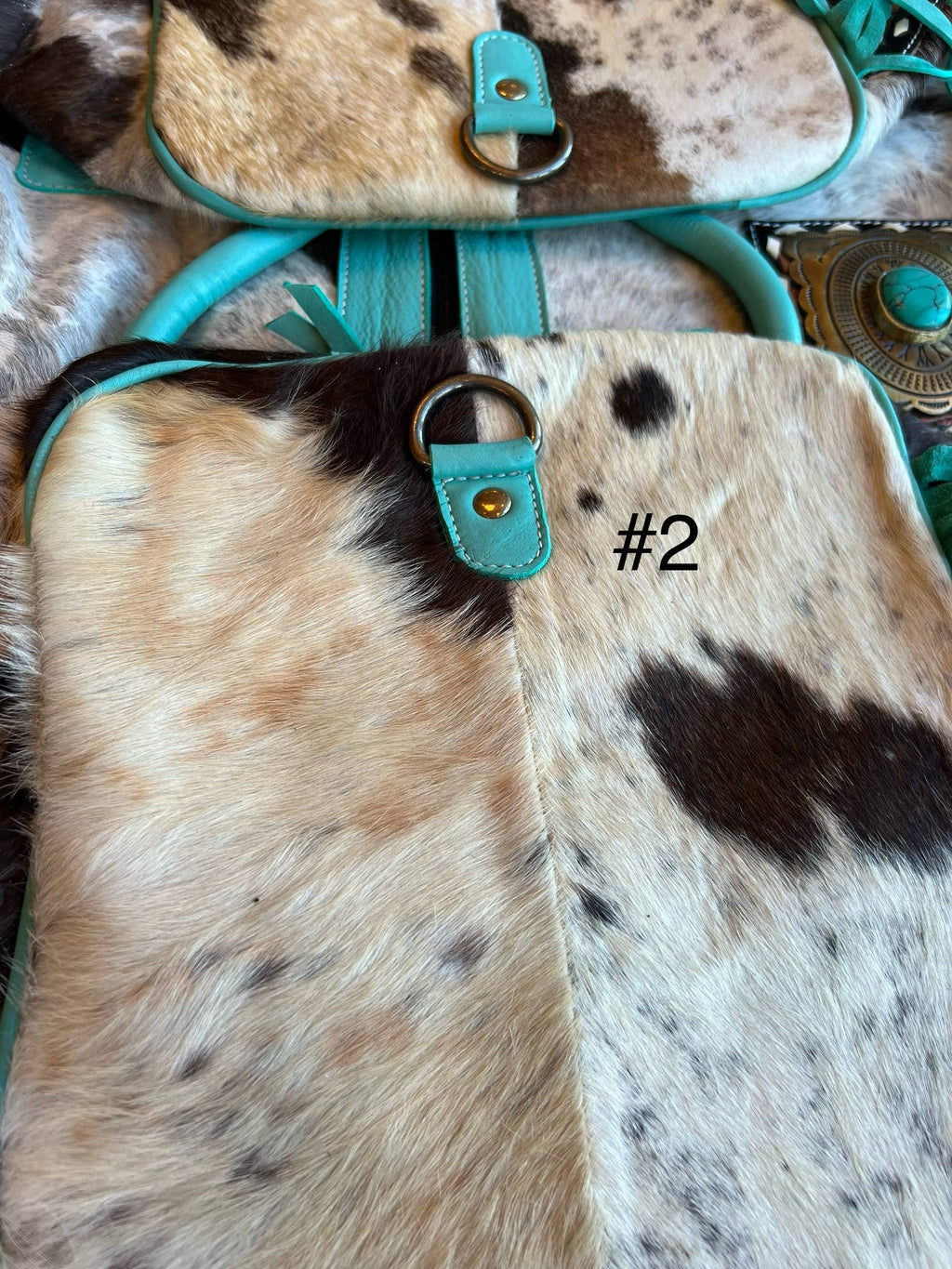 Turquoise Fringe Western Cowhide Duffle Bag