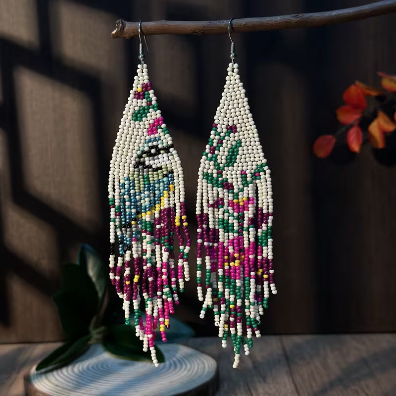 Flower Beaded Tassel Earrings