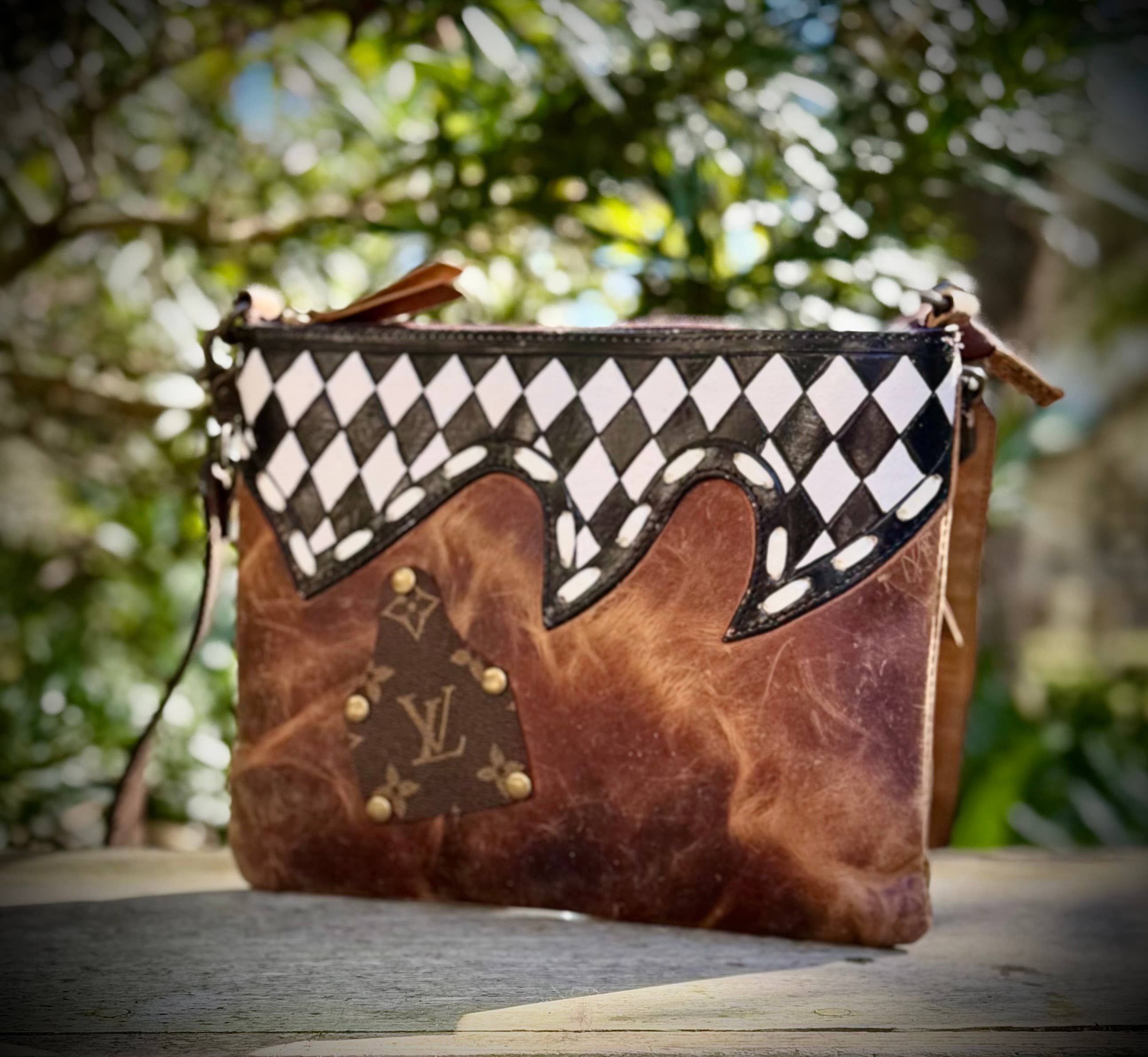 Upcycled LV Leather Crossbody Handbag 