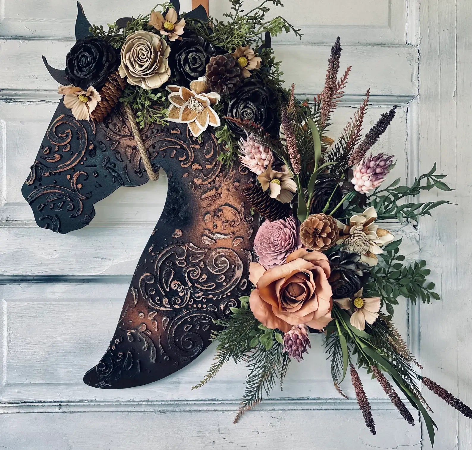 Leather Look Wood Flower Horse Head Wall Art Door Wreath