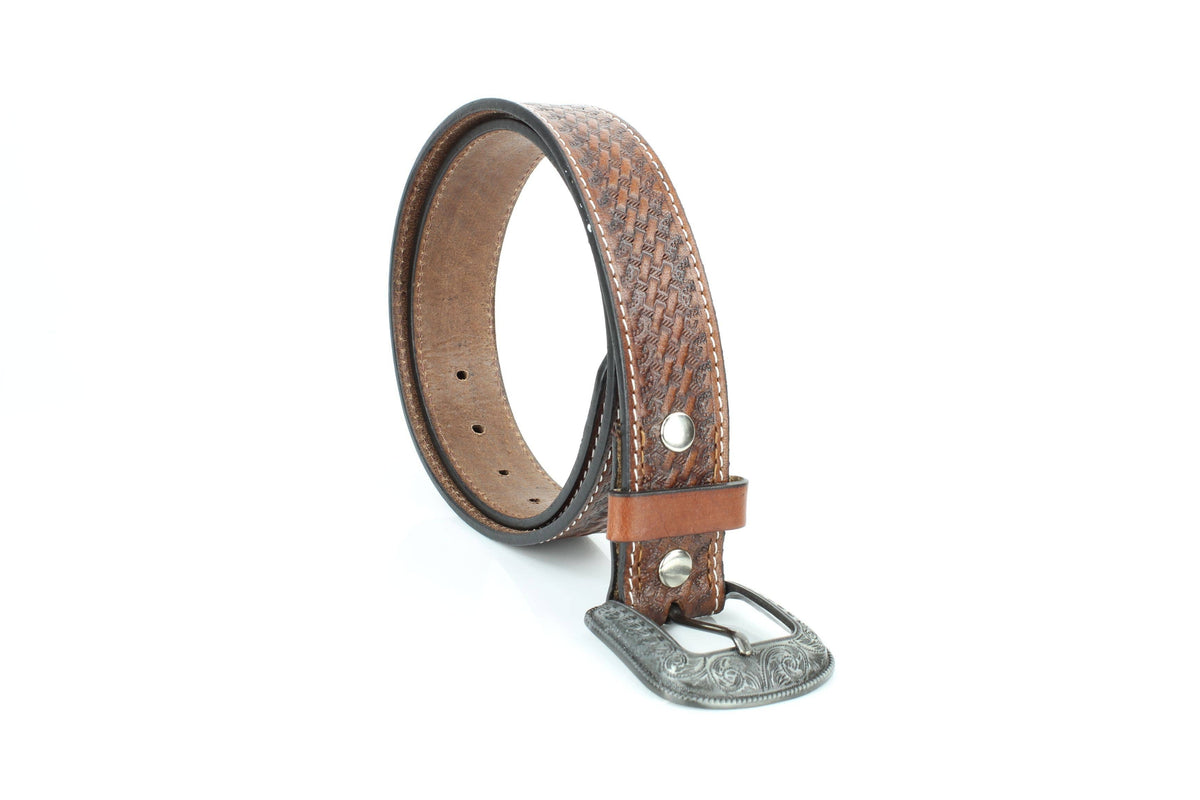Basketweave Leather Belt with Floral Buckle
