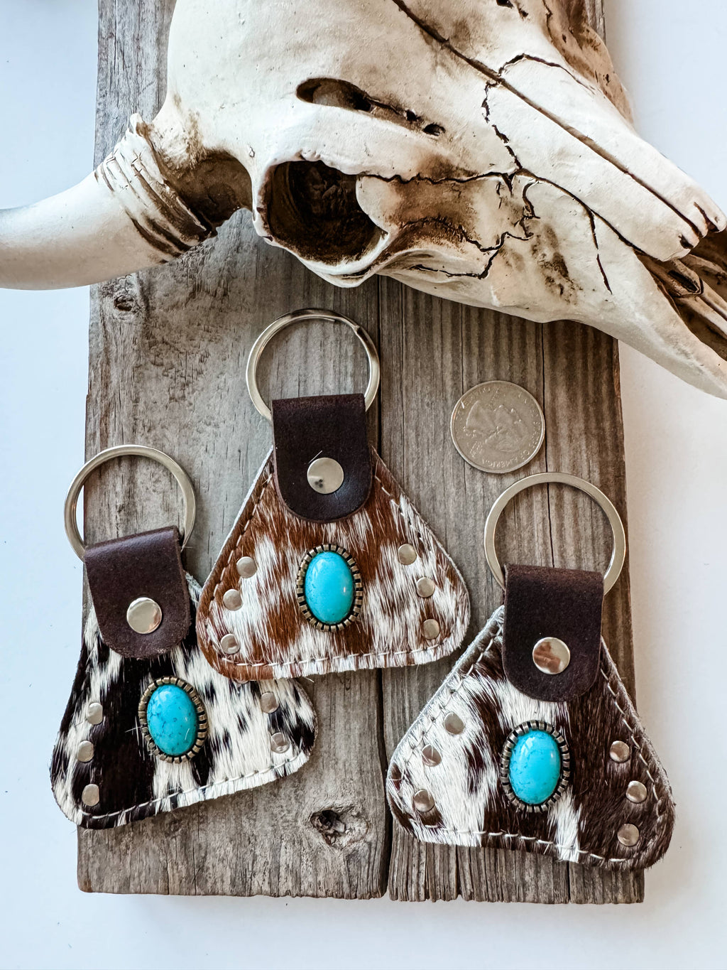 Western Hair On Cowhide Keychain Turquoise Stone