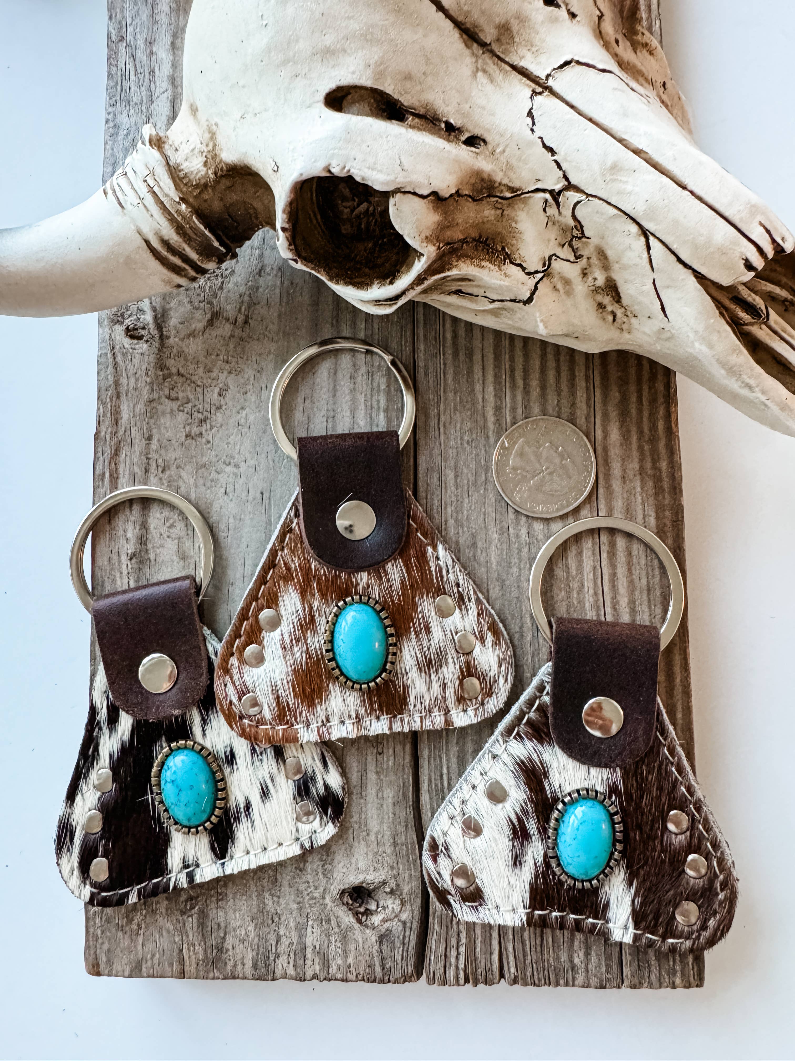 Western Hair On Cowhide Keychain Turquoise Stone