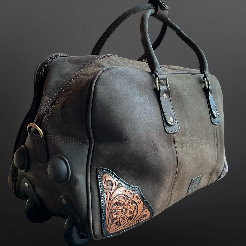 Western Tooled Leather Wheeled Duffel Bag Carry On