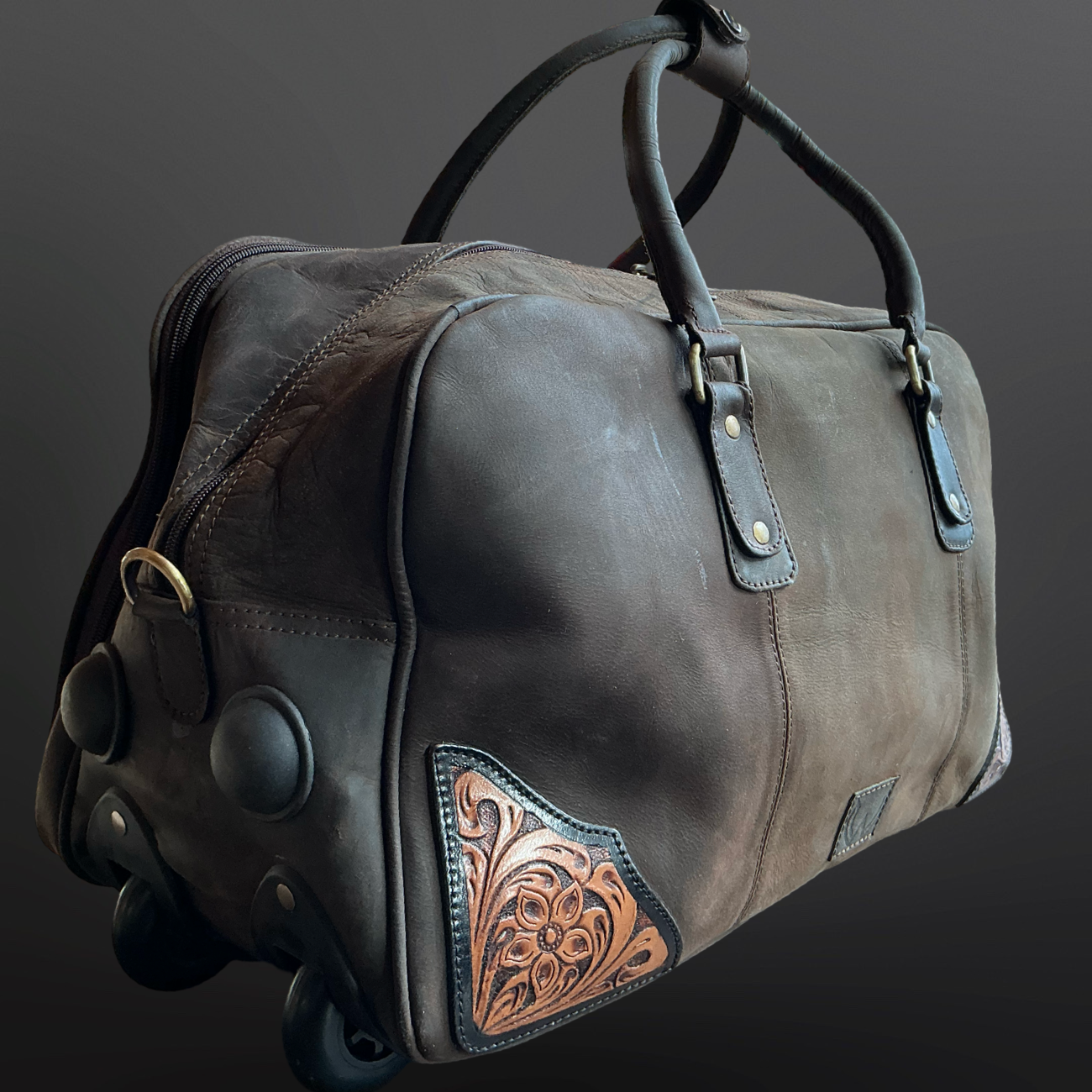 Western Tooled Leather Wheeled Duffel Bag Carry On