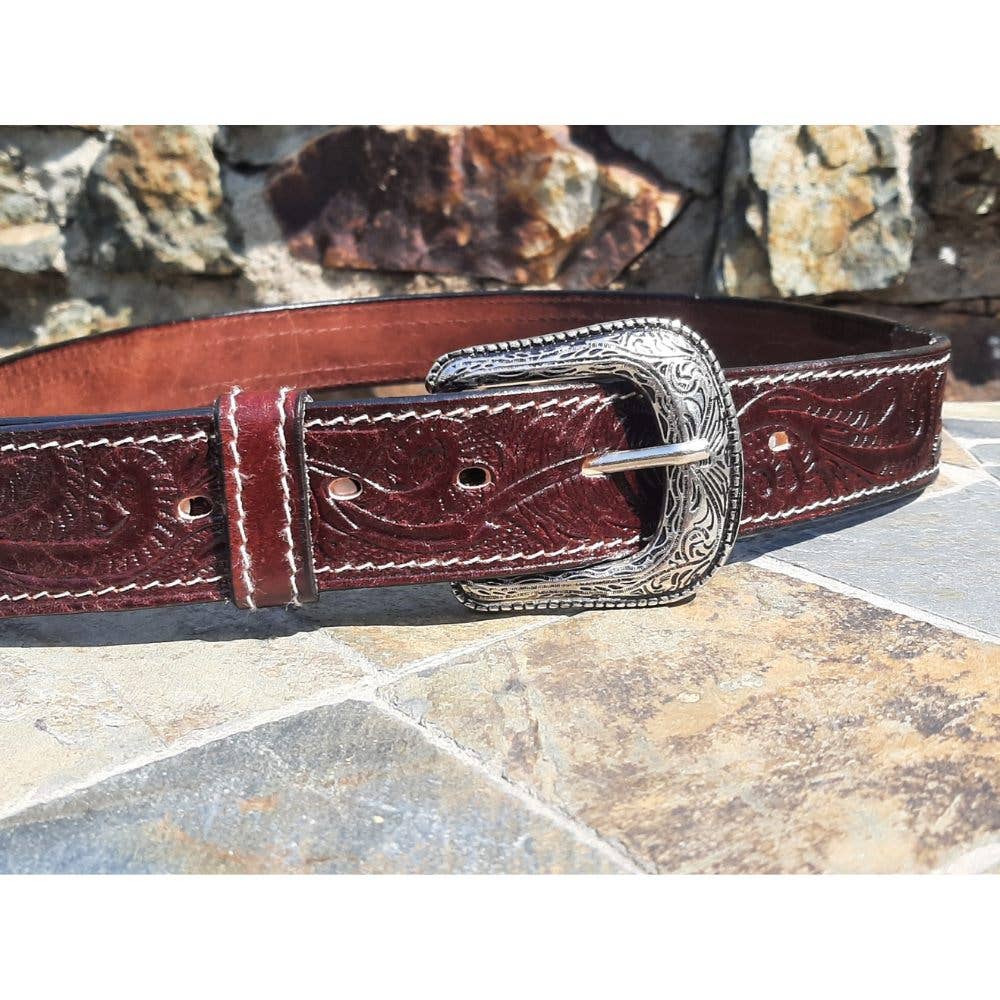 Western Leather Carved Belt - Aztec - Brown Leather