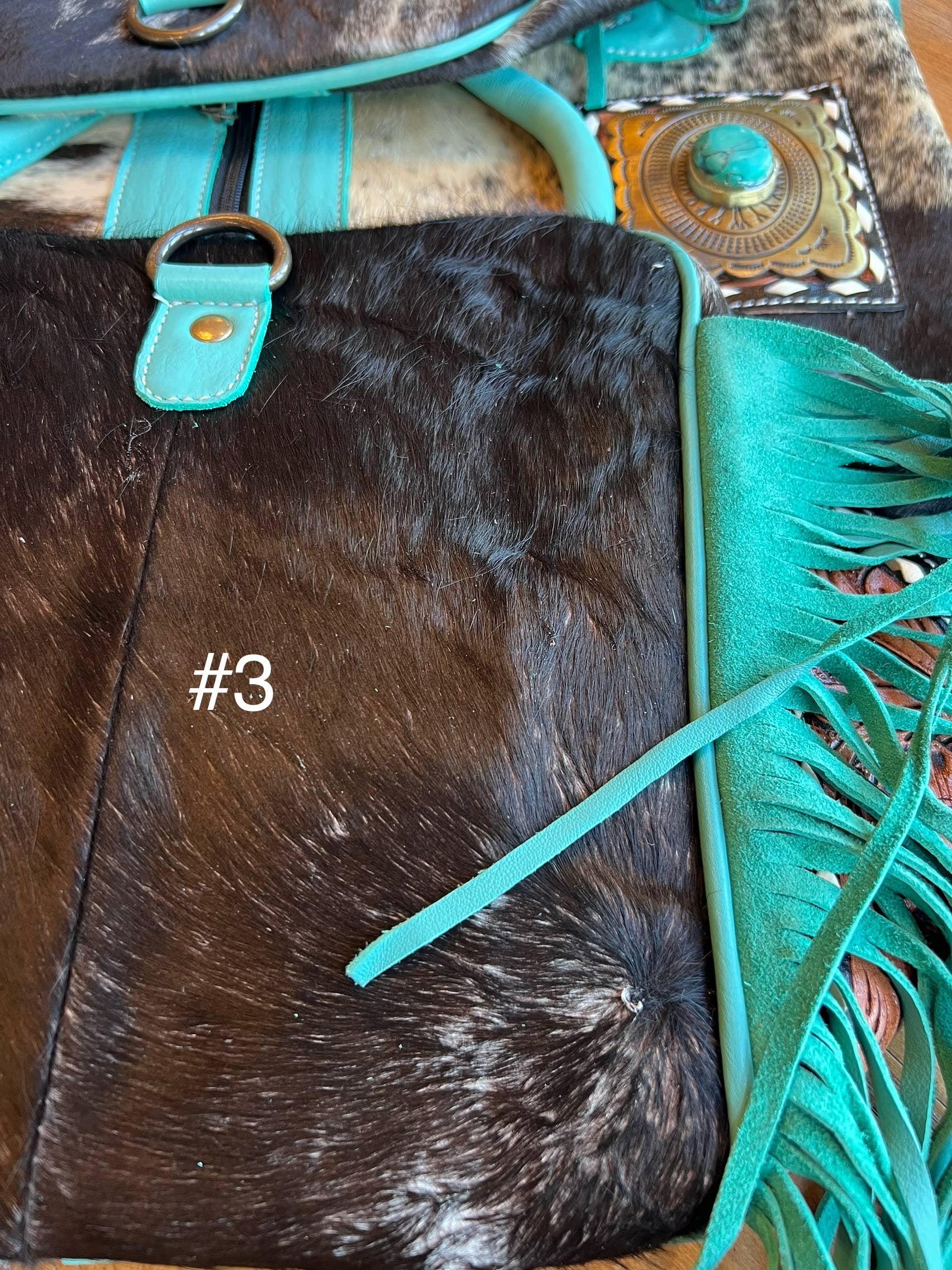 Turquoise Fringe Western Cowhide Duffle Bag