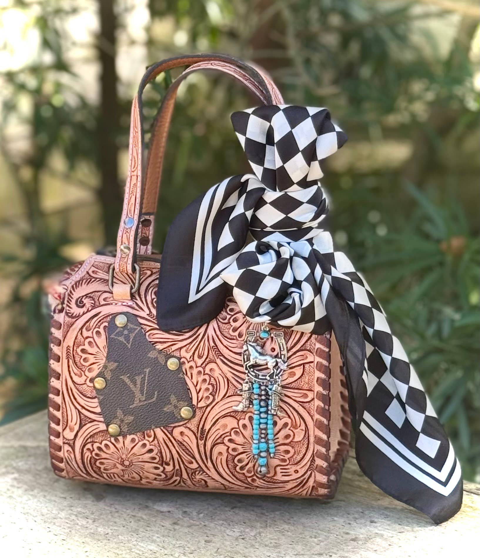 Upcycled LV Tooled Leather Speedy Crossbody Bag Western NFR